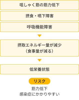 咀しゃく筋の筋力低下 摂食嚥下障害 呼吸機能障害>摂取エネルギー量が減少(食事量が減る)>低栄養状態 リスク 筋力低下 感染症にかかりやすい