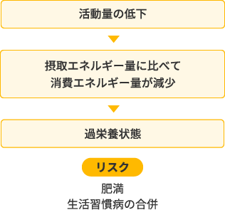 活動量の低下>摂取エネルギー量に比べて消費エネルギーが減少>過栄養状態 リスク 肥満 生活習慣病の合併