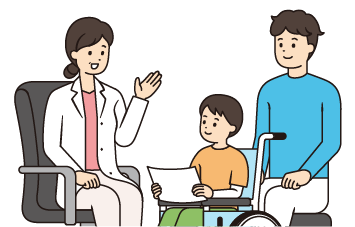 少年の患者さんにおうちリハの作り方を説明している医療関係者の図