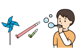 風車、吹き戻しのイメージ図。 しゃぼん玉を膨らます少年のイメージ図。