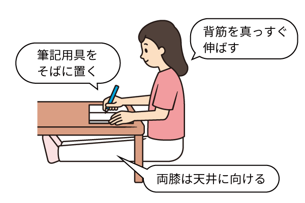 床に座って字を書くときのポイントの説明補足画像。