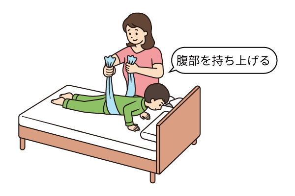 タオルなどでおなかを持ち上げてもらう動作の説明補足画像。