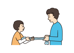2人でタオルの両端を持ち、タオルを引っ張り合う動作の説明補足画像。